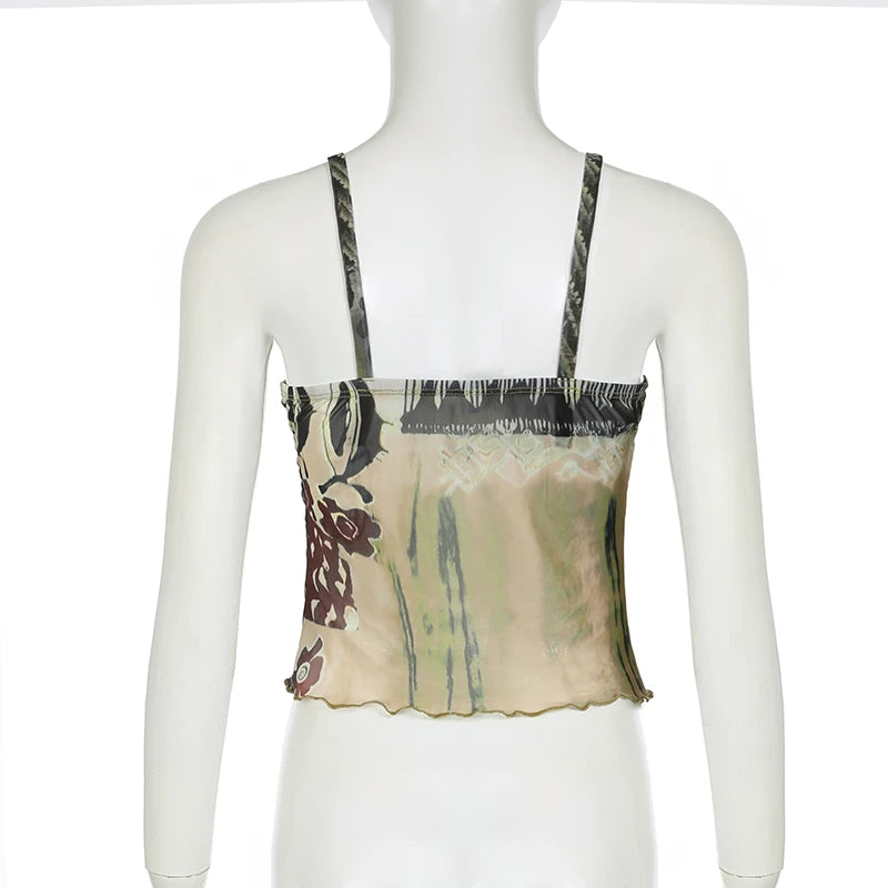 Grunge Fairycore Sexy Mesh Top Strap Drawstring Printed Transparent Summer Crop Tops Women Camisole 2000s Aesthetic