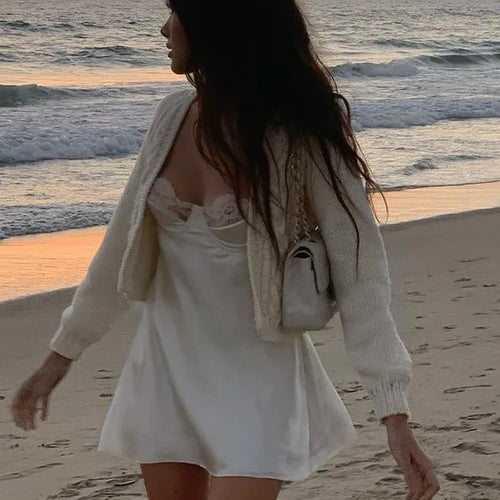 Load image into Gallery viewer, Sexy Satin Spaghetti Strap Lace Patchwork Women Dress Summer New Solid Color Backless Suspender Lace Casual Short Skirt
