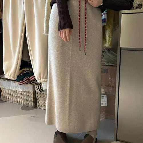 Load image into Gallery viewer, Korean Solid Drawstring Lace-up Elegant High Waist Long Skirt Women Versatile Split Skirt Streetwear 2024 Fashion Autumn Winter
