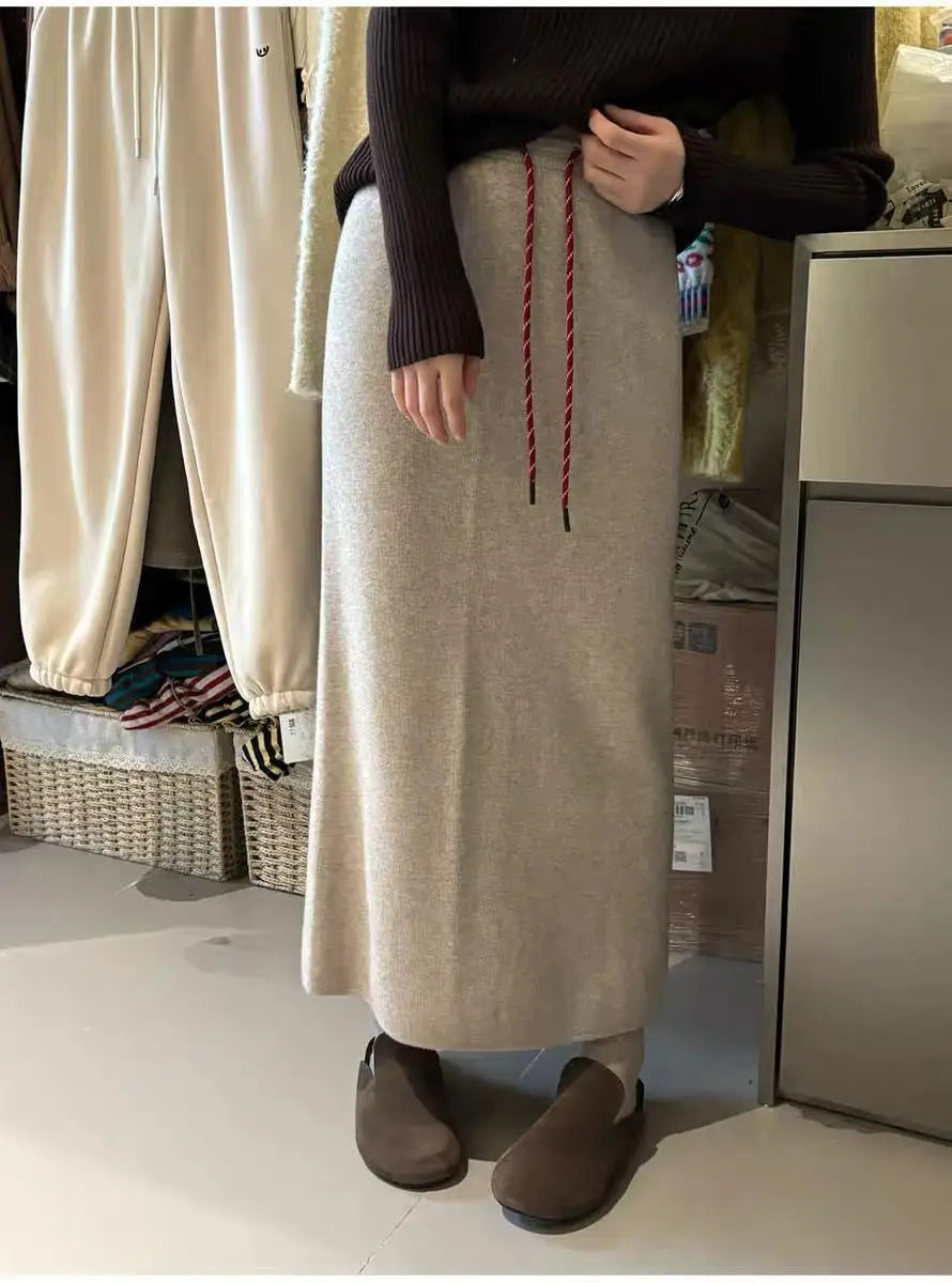 Korean Solid Drawstring Lace-up Elegant High Waist Long Skirt Women Versatile Split Skirt Streetwear 2024 Fashion Autumn Winter