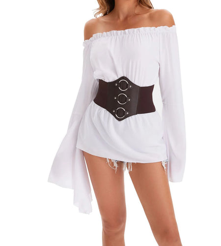 Halloween T Shirt Sexy Women Clothes Solid Color Long Sleeve Off Shoulder Tops with Waist Belt Ladies Cosplay Costume