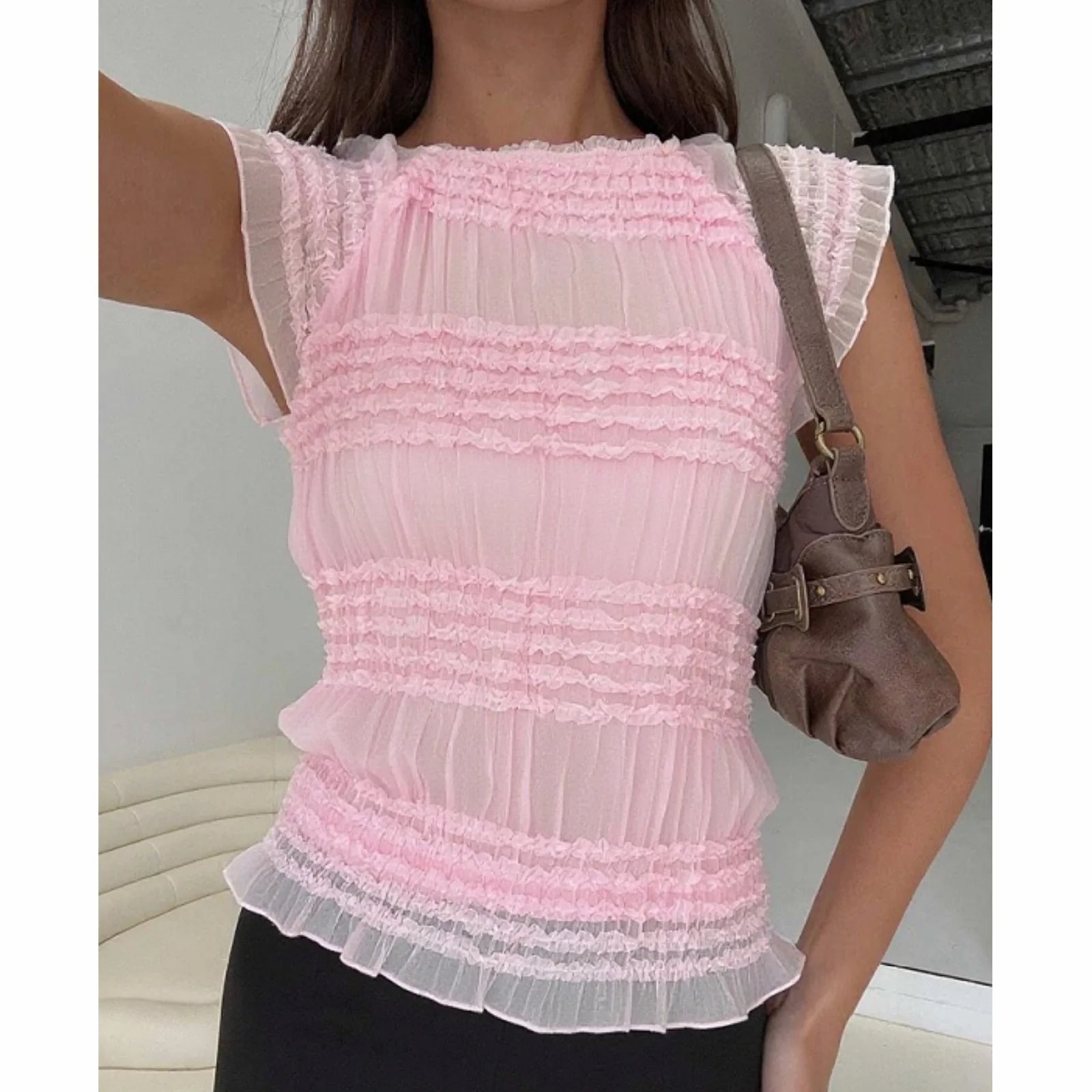 y2k Crop Tops Summer Women Aesthetic Clothing Crew Neck Flying Sleeve Smocked T Shirts 2000s Party Clothes Streetwear