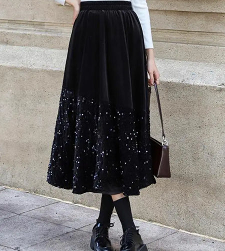 Autumn Winter Vintage Patchwork Sequin Wrap Hip Long Velvet Skirts Women's 2024 Elegant High Waist Pleated Fishtail Skirt French