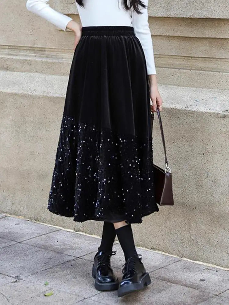 Autumn Winter Vintage Patchwork Sequin Wrap Hip Long Velvet Skirts Women's 2024 Elegant High Waist Pleated Fishtail Skirt French