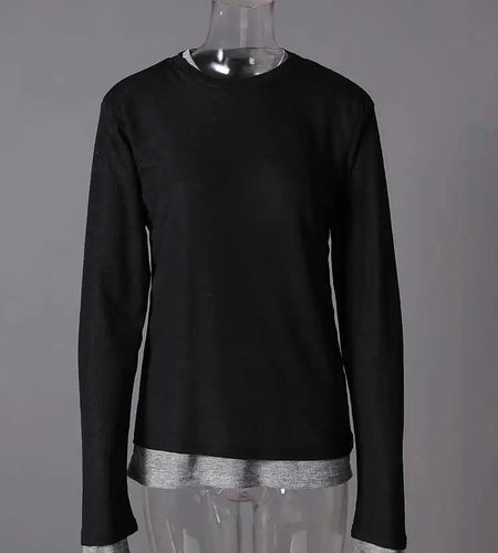 Women Black Gray Color-block Slim Knitting T-shirt New Round Neck Long Sleeve Fashion Tide Spring Autumn 2025 CPG2853