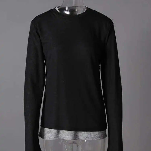 Load image into Gallery viewer, Women Black Gray Color-block Slim Knitting T-shirt New Round Neck Long Sleeve Fashion Tide Spring Autumn 2025 CPG2853
