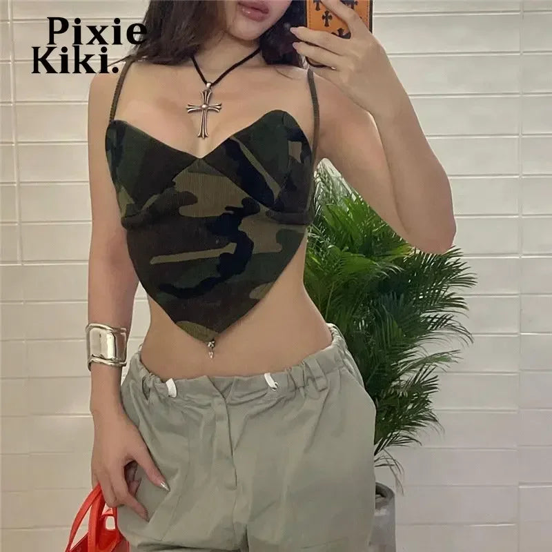 Irregular Camo Print Tank Top Womans Chic Y2k Streetwear Camisole V Neck Backless Crop Tops Summer 2023 P71-BE14