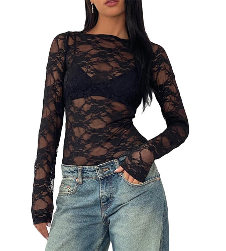 Lace Tops y2k Clothing Women See Through Round Neck Long Sleeve Backless T Shirt 2000s Aesthetic Clothes Streetwear