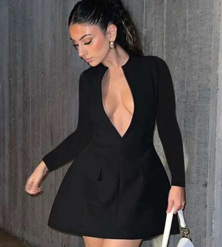 Autumn Long Sleeve Sexy Mini Dress For Women Solid Zipper Deep V Neck Two Pocket High Waist A-line Dress Femme Clothes