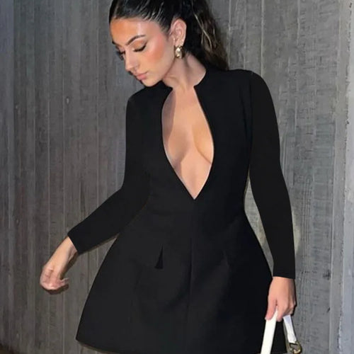 Load image into Gallery viewer, Autumn Long Sleeve Sexy Mini Dress For Women Solid Zipper Deep V Neck Two Pocket High Waist A-line Dress Femme Clothes
