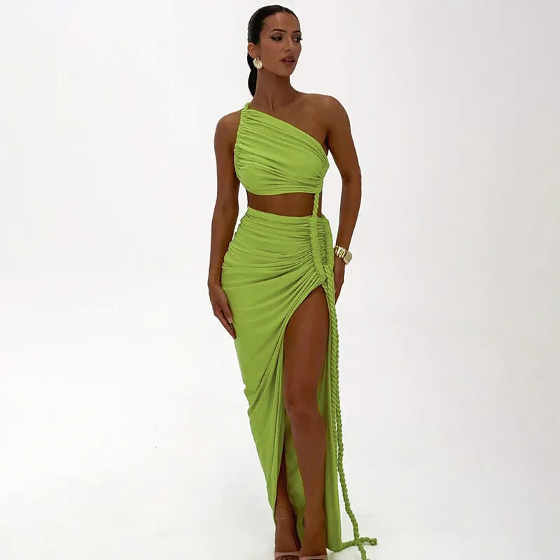 Off-shoulder Thigh High Split Sexy Maxi Dress For Women Fashion Strapless Sleeveless Ruched Bodycon Club Party Dress