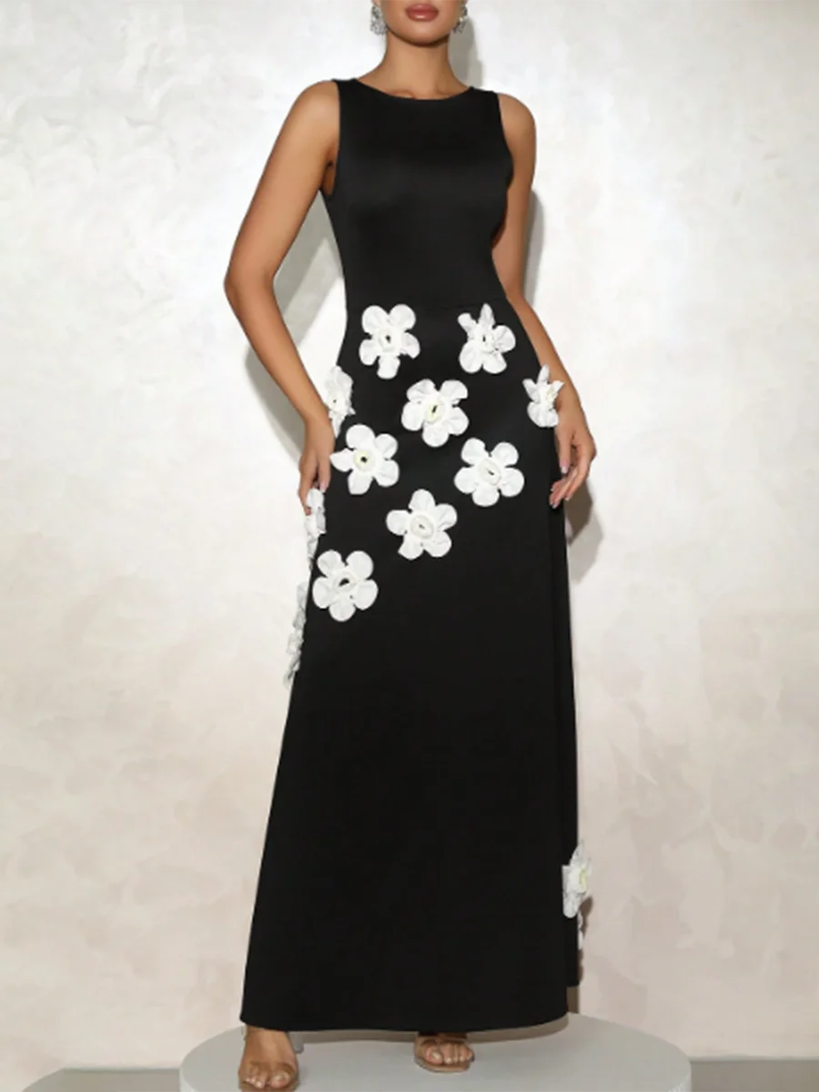 Slimming Spliced 3D Flower Temperament Dresses for Women Round Neck Sleeveless High Wasit Dress Female Clothing New