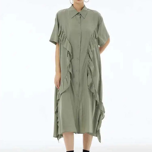 Load image into Gallery viewer, Women Green Irregular Ruffles Big Size Midi Shirt Dress New Lapel Short Sleeve Fashion Tide Spring Summer 2025 1DH6080

