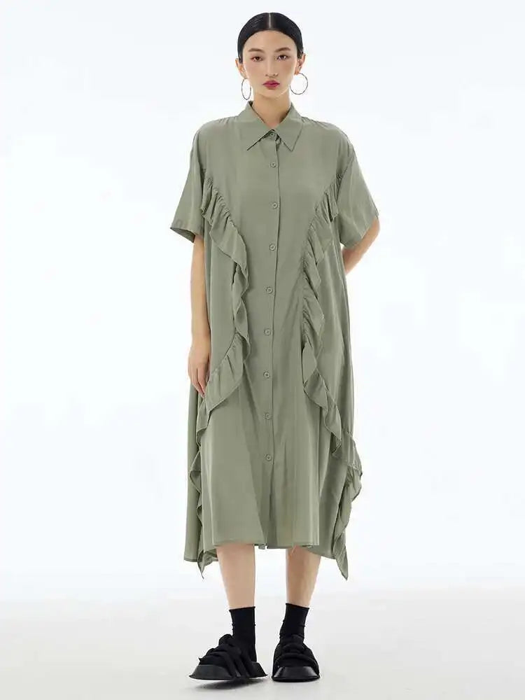 Women Green Irregular Ruffles Big Size Midi Shirt Dress New Lapel Short Sleeve Fashion Tide Spring Summer 2025 1DH6080