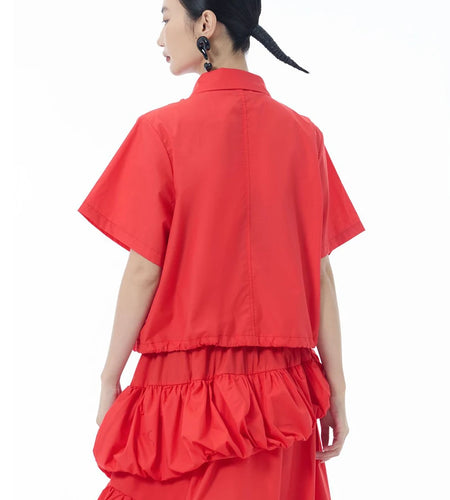 Women Red Ruffles Drawstring Big Size Elegant Blouse New Lapel Short Sleeve Shirt Fashion Tide Spring Summer 2025 1DJ1606