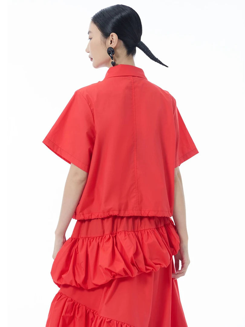 Women Red Ruffles Drawstring Big Size Elegant Blouse New Lapel Short Sleeve Shirt Fashion Tide Spring Summer 2025 1DJ1606