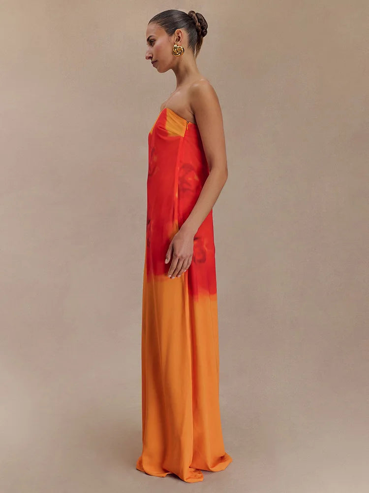 Floral Print Strapless Sexy Maxi Dress For Women Gown Off-shoulder Backless Sleeveless Elegant Long Dress Fashion