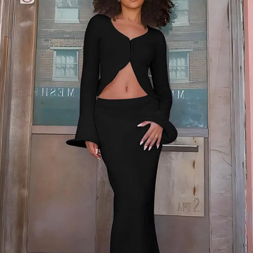 Load image into Gallery viewer, Elegant Sexy Skirt Two Piece Sets Women Autumn New V Neck Long Sleeve T-shirt And Long Skirt Matching Two Piece Sets
