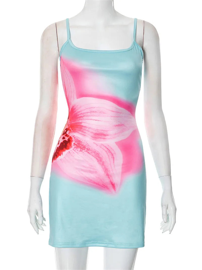 Spaghetti Strap Floral Print Sexy Mini Dress For Women Robe Fashion Elegant Sleeveless Backless Summer Beach Dress