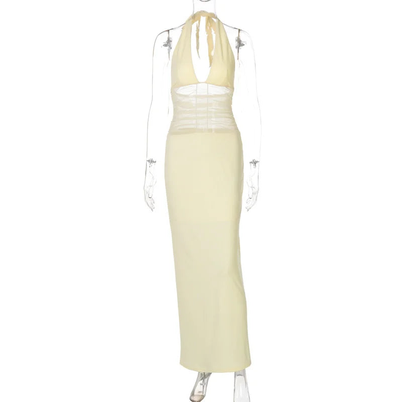 Mesh See Through Halter Sexy Maxi Dress Women Gown Fashion Deep V Neck Sleeveless Backless Bodycon Long Dress Elegant