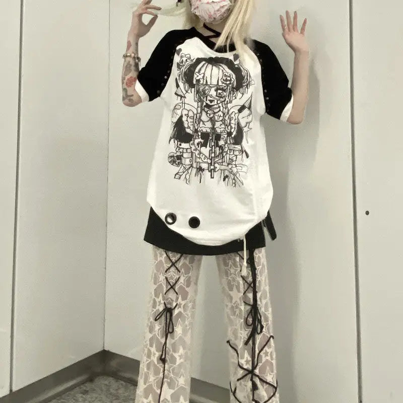 Y2k T Shirts Women Clothing Streetwear Bandage Short Sleeve Tees Fashion Japanese Camisetas Rivet Anime Print Sweet Tshirt Tops