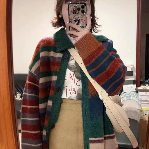 Load image into Gallery viewer, Japanese Oversize Grunge Casual Cardigans Y2k Aesthetic Contrast Color Stripe Coats Women Autumn Single Breasted Long Sweater
