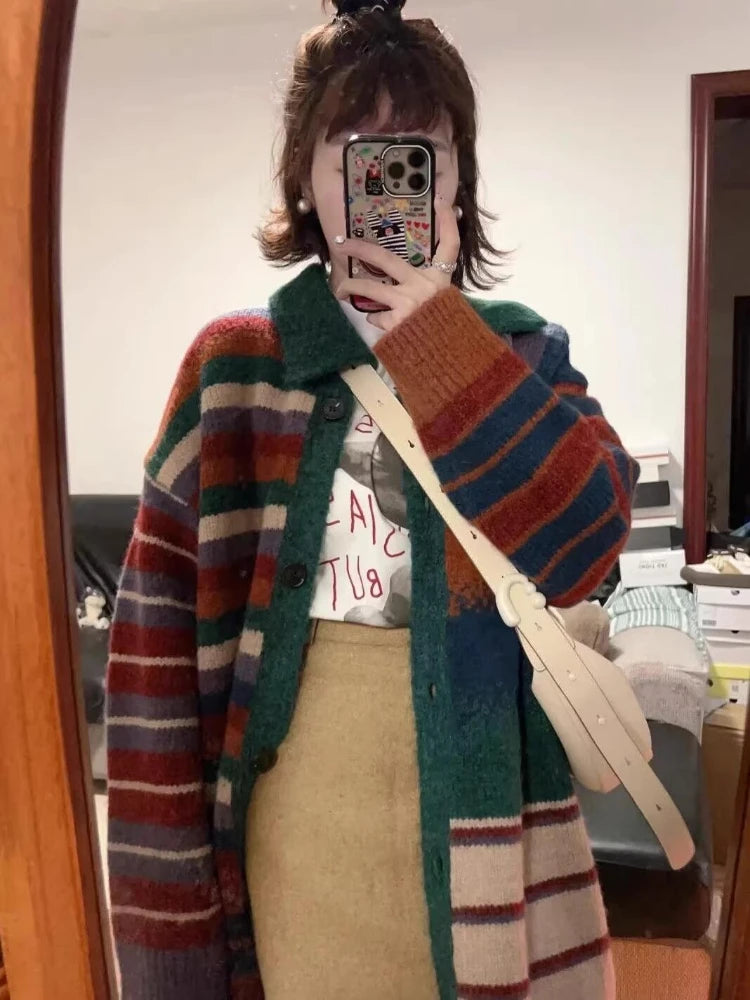 Japanese Oversize Grunge Casual Cardigans Y2k Aesthetic Contrast Color Stripe Coats Women Autumn Single Breasted Long Sweater