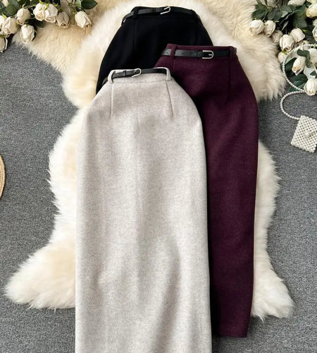 Beige Woolen Pencil Skirts Women Purple Office Elegant Ladies Long Thick Warm Skirt 2023 Spring New Black High Waist Wrap Skirt
