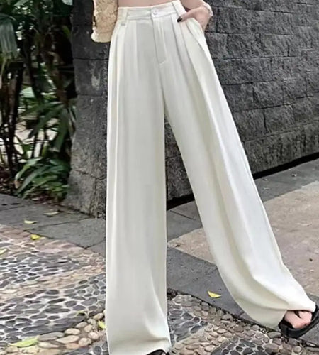 Fashion Solid Button Versatile Wide Leg Long Pant Women's Spring Summer High Waist Baggy straight Pleated Trousers Streetwear