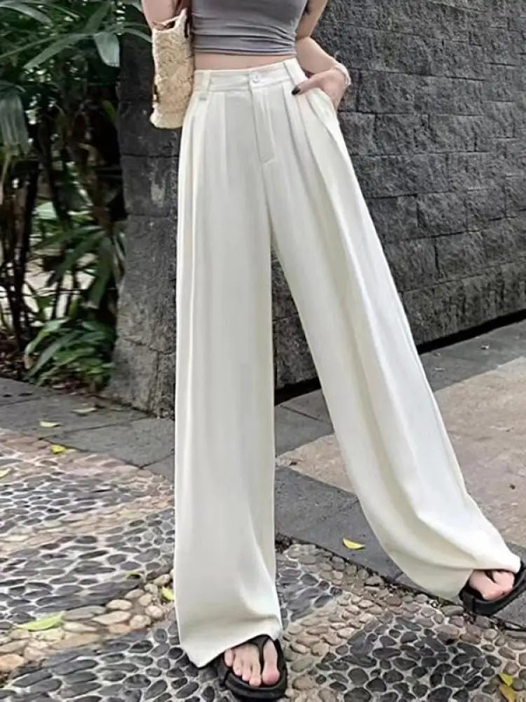 Fashion Solid Button Versatile Wide Leg Long Pant Women's Spring Summer High Waist Baggy straight Pleated Trousers Streetwear