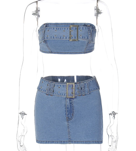 Denim Women Fashion 2 Pcs Sets Strapless Belt Sexy Crop Top Zip Up Button Skirt 2023 Summer Outfit Streetwear Festival