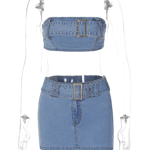 Load image into Gallery viewer, Denim Women Fashion 2 Pcs Sets Strapless Belt Sexy Crop Top Zip Up Button Skirt 2023 Summer Outfit Streetwear Festival
