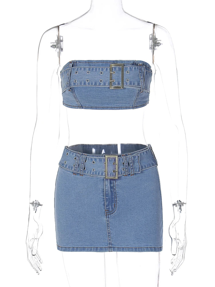 Denim Women Fashion 2 Pcs Sets Strapless Belt Sexy Crop Top Zip Up Button Skirt 2023 Summer Outfit Streetwear Festival
