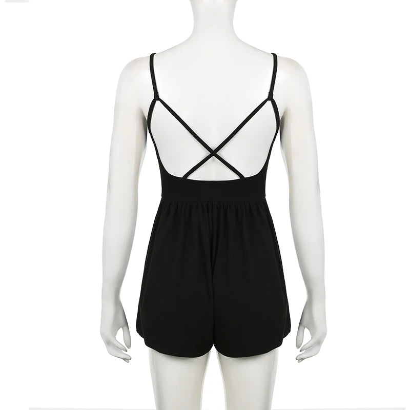 Fashion Black Spaghetti Strap Summer Playsuit Backless Bandage Short Jumpsuit Streetwear Casual Rompers Sexy Outfits