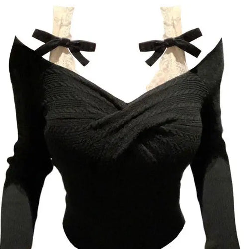 Load image into Gallery viewer, Korean Sexy Fairy Crop Top Sweater Women Japanese Sweet Y2k Aesthetic Bow Lace Patchwork Knitted Pullover Thin Kintwear Tops
