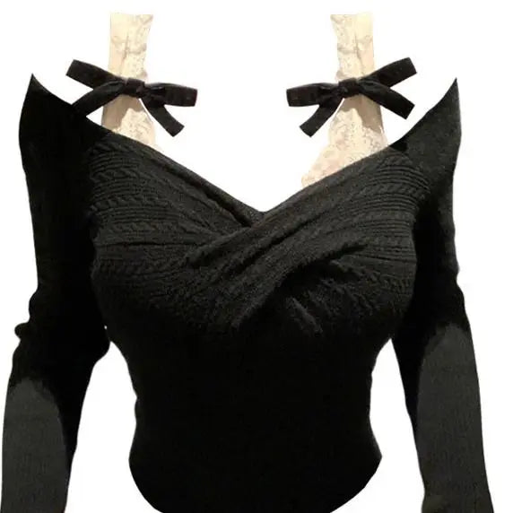 Korean Sexy Fairy Crop Top Sweater Women Japanese Sweet Y2k Aesthetic Bow Lace Patchwork Knitted Pullover Thin Kintwear Tops