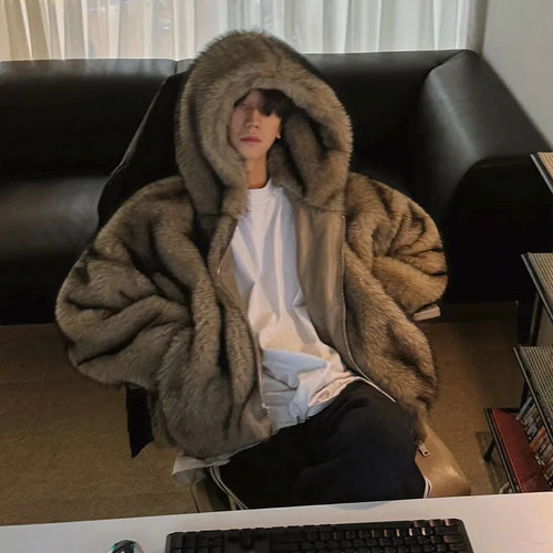 Load image into Gallery viewer, Men&#39;s Cotton Jacket Fake Fur Jackets New Male Loose Warm Solid Color Zipper Chic Korean Hooded Menwear Spring 9W1431
