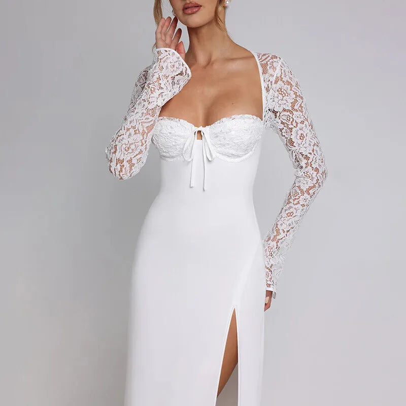 Lace Long Sleeve Sexy Maxi Dress Women Autumn New Square Collar Backless Lace-up High Split Sexy Club Party Long Dress