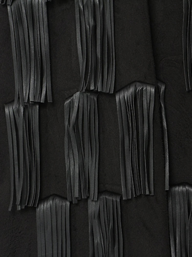 Women Black Pu Leather Tassels Big size long Trench New Lapel Long Sleeve Windbreaker Fashion Spring Autumn 2025 1DH4394