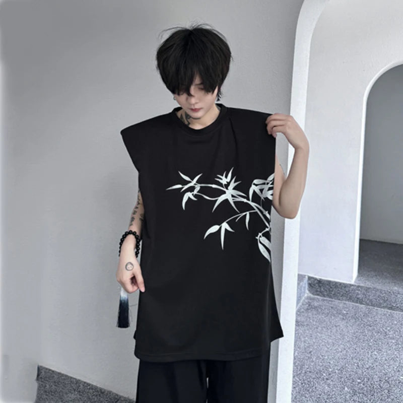 Sleeveless Shoulder Padded Tank Top Summer Men's Chinese Style Pullover Casual T-shirt Trend Round Neck Male 9C5542