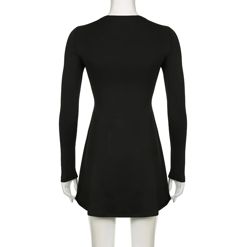 Fashion Square Neck Black Spring Dress Folds Long Sleeve Basic Casual Dresses for Women A-Line Outfits Elegant Ladies