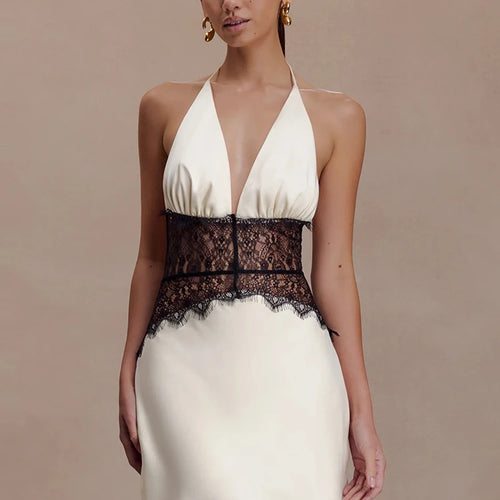Satin Lace Patchwork Sleeveless Dress Women Elegant Halter V Neck Backless A-line Bodycon Mini Dresses Sexy Partywear