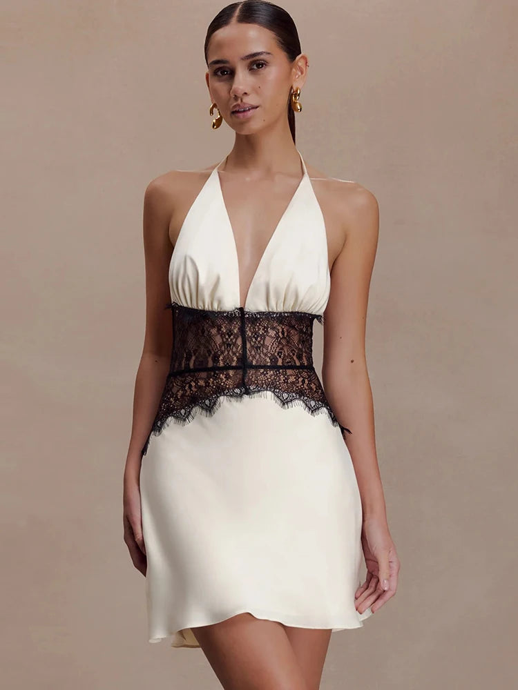 Satin Lace Patchwork Sleeveless Dress Women Elegant Halter V Neck Backless A-line Bodycon Mini Dresses Sexy Partywear