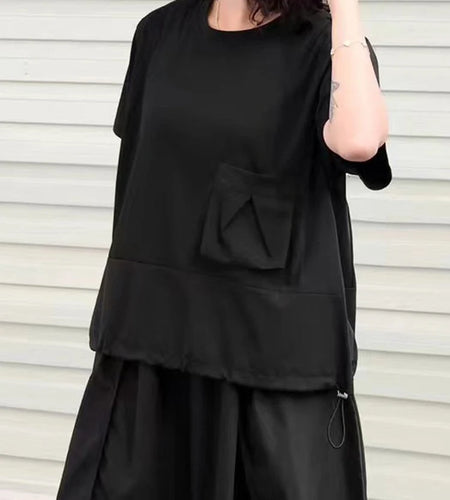 Women Black Pocket Drawstring Big Size Casual T-shirt New Round Neck Short Sleeve Fashion Tide Spring Summer 2025 1DJ0212
