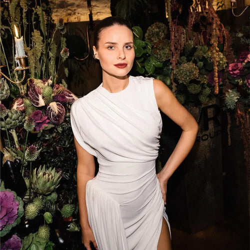 Load image into Gallery viewer, Hollow Out Draped Ruched Sexy Maxi Dress Women Gown Elegant Sleeveless Backless Thigh High Split Long Dress Clubwear
