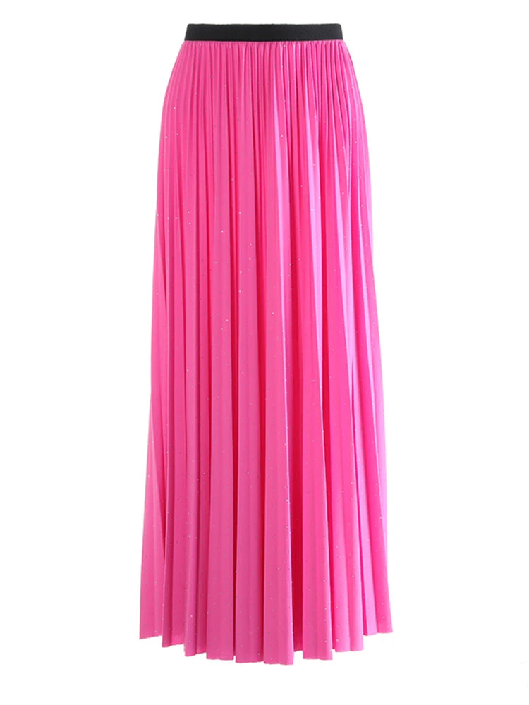 High Elastic Waist Purple Rhinestones Pleated A-line Half-body Skirt Women Fashion Tide New Spring Autumn 2025 1DJ1032