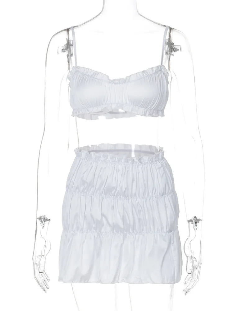 Sexy Sleeveless Bra Top Short Skirt Two-piece Set For Women 2024 Autumn New Pleated Skirt Set Slim Party Beach Holiday