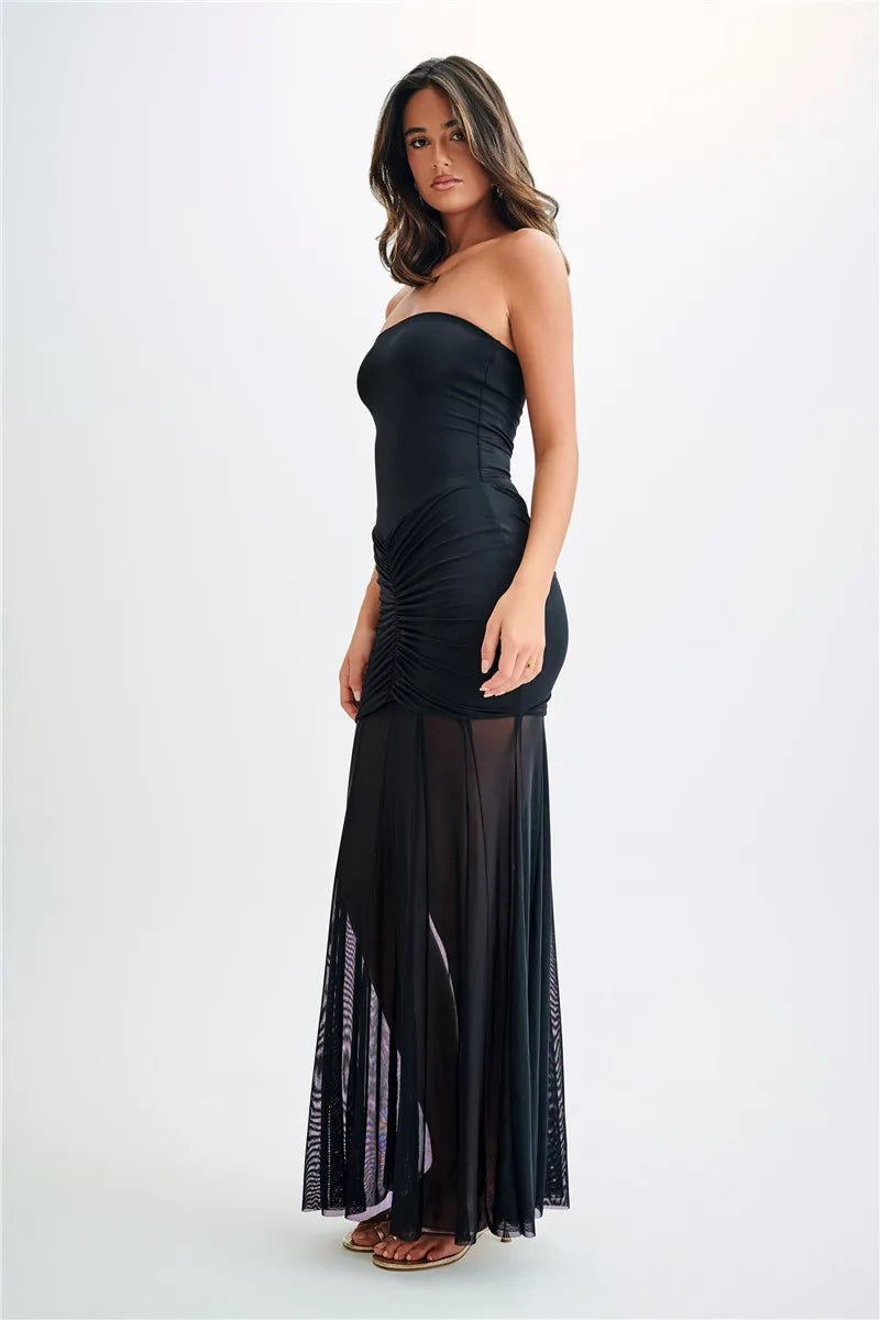 Off-shoulder Backless Sexy Maxi Dress For Women Gown Fashion Mesh Strapless Sleeveless Bodycon Long Dress Elegant