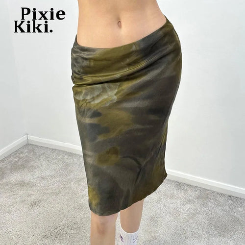 Load image into Gallery viewer, Retro Green Printed Low Waisted Midi Skirts for Woman Y2k 2000s Aesthetic Summer Clothes Women 2024 P67-BF12
