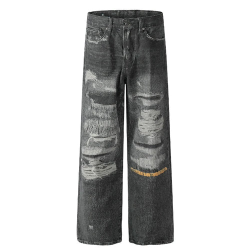 Load image into Gallery viewer, High Street Men's Jeans Trendy Printed Pattern Washed Worn-out Straight Leg Jeans American Style Male Denim Pants 9W1864
